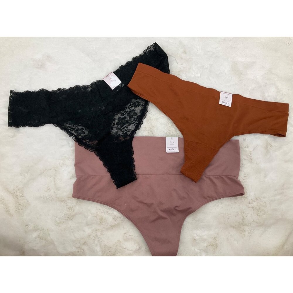 AUDEN size 3X (24-26) 3-pr Panty Lot THONG Seamless & Lace NEW